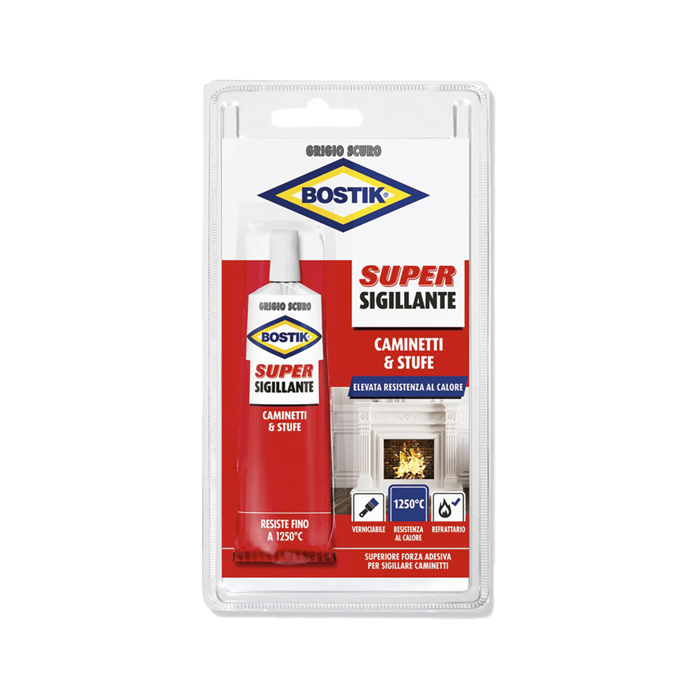 Mastice per stufe e camini super sigillante 100 gr bostik - grigio scuro.