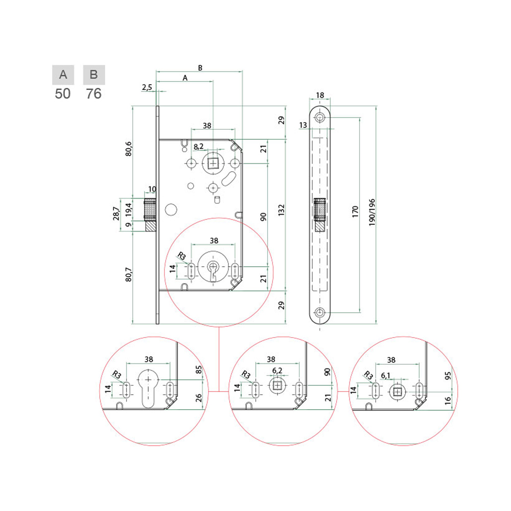Serratura Patent Media B-Split BONAITI Cromato - Scrocco Centrale Reversibile
