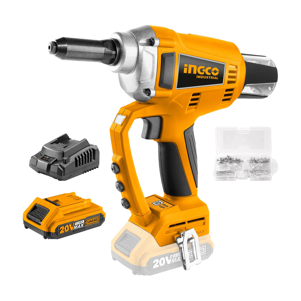 Rivettatrice 20v brushless ingco - batteria 2.0ah, caricatore e kit 100 rivetti.