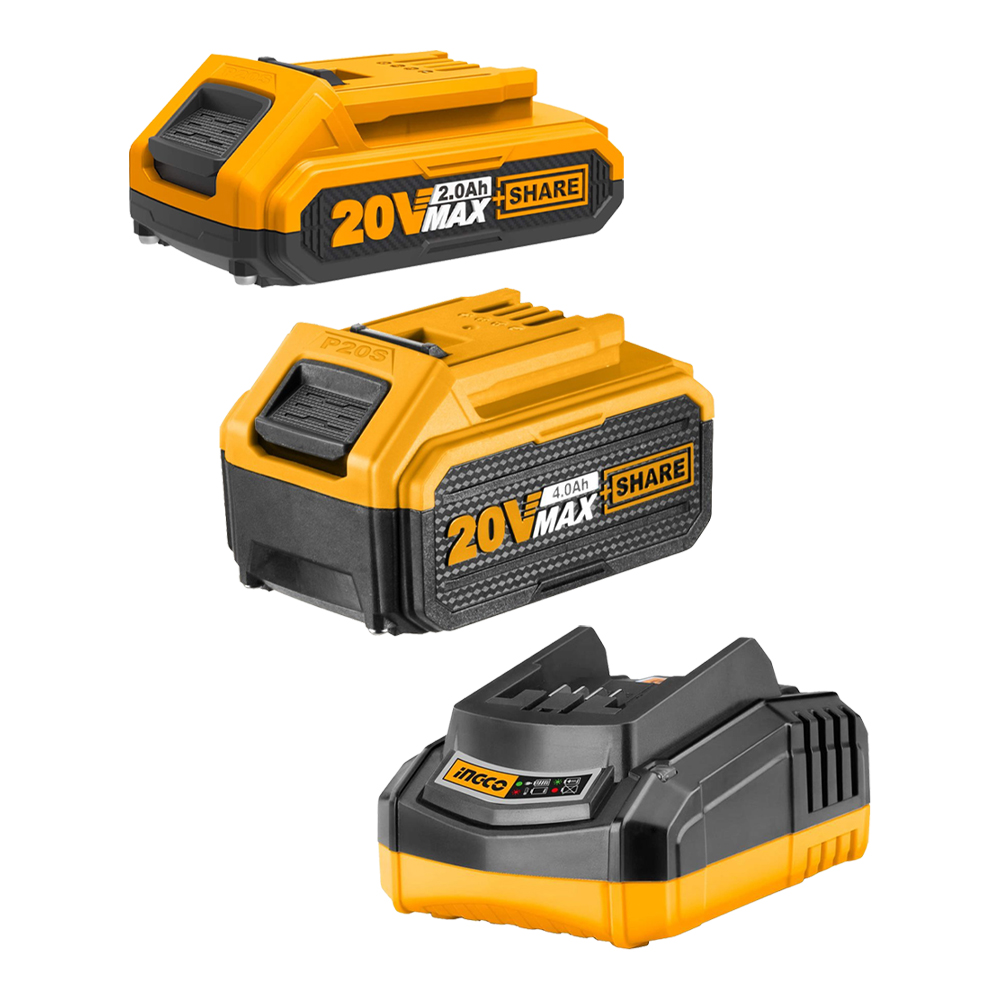 Kit elettroutensili ingco - batteria 2.0 ah, batteria 4.0 ah e caricatore rapido.