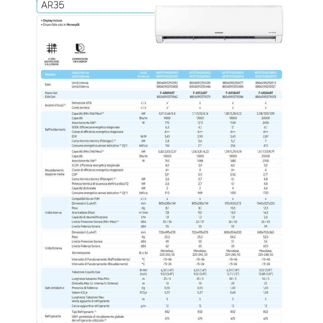 Climatizzatore Samsung AR35 WIFI Integrato VERSIONE 2026 - 12000BTU