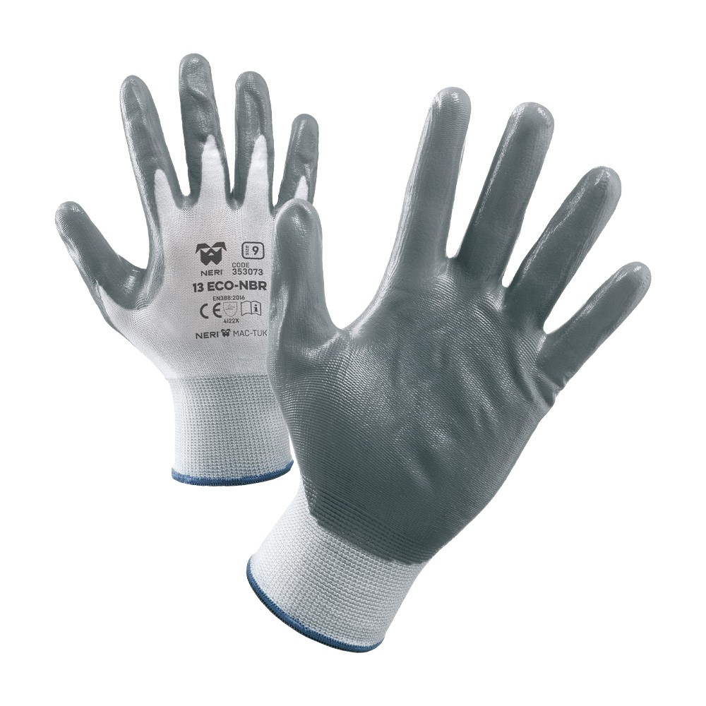 Guanti in nylon con palmo in nitrile nbr 13 eco taglia 9 ferwork - 12 paia.