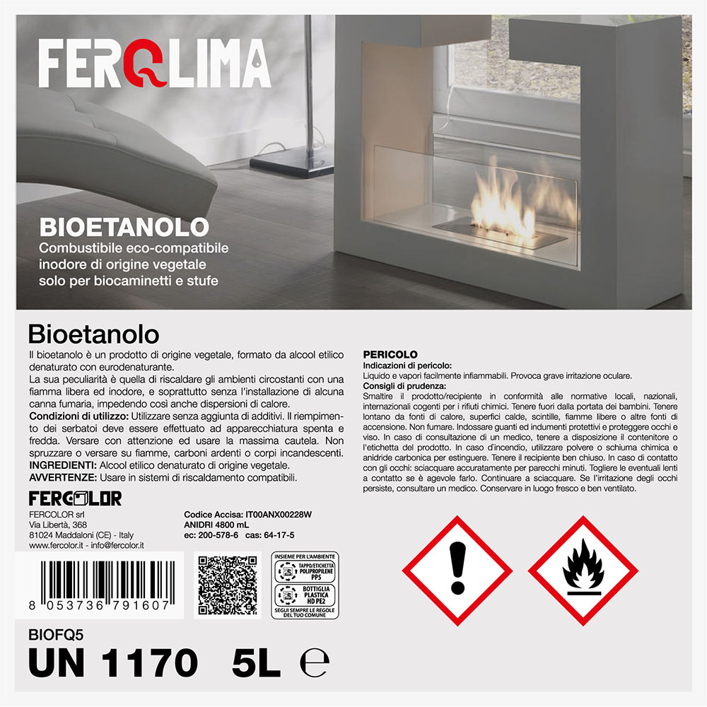 Bioetanolo Naturale per Stufe e Camini Inodore FERQLIMA 5 Lt